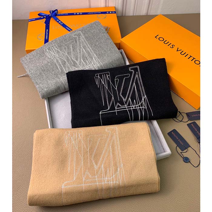 Louis Vuitton LV Unisex Stitch Scarf Black Monogram Flowers Wool Cashmere Jacquard