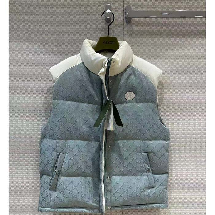 Gucci Women GG Cotton Canvas Padded Vest Blue Lined High Neck Sleeveless Two Side Pockets