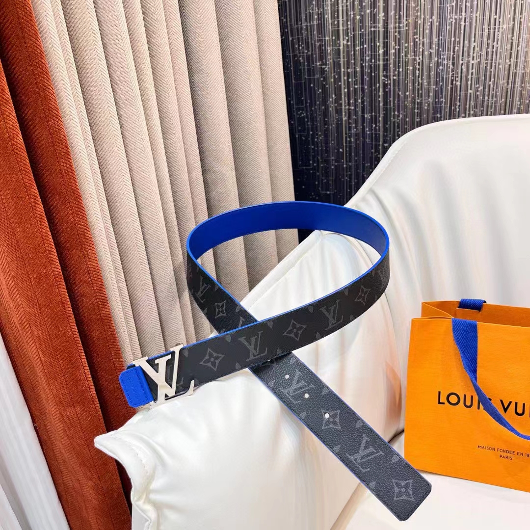 Louis Vuitton Unisex LV Tag 40 MM Reversible Belt Blue Monogram Eclipse Coated Canvas Calf Leather