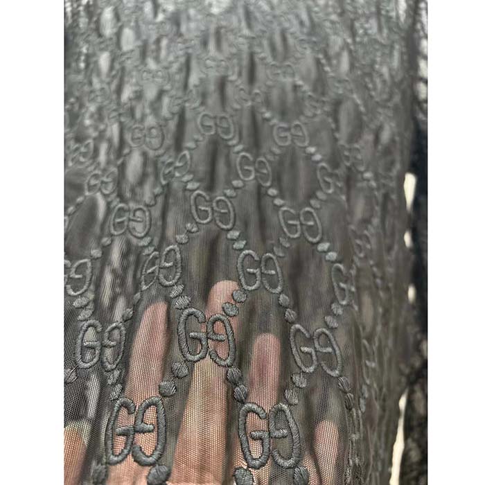 Gucci Women GG Embroidered Tulle T-Shirt Black Long Sleeve Fitted Cotton