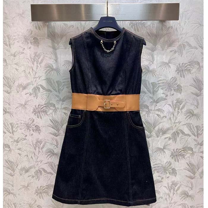 Louis Vuitton Women LV Eyelet Belt Denim Dress Dark Blue 1AFGA5