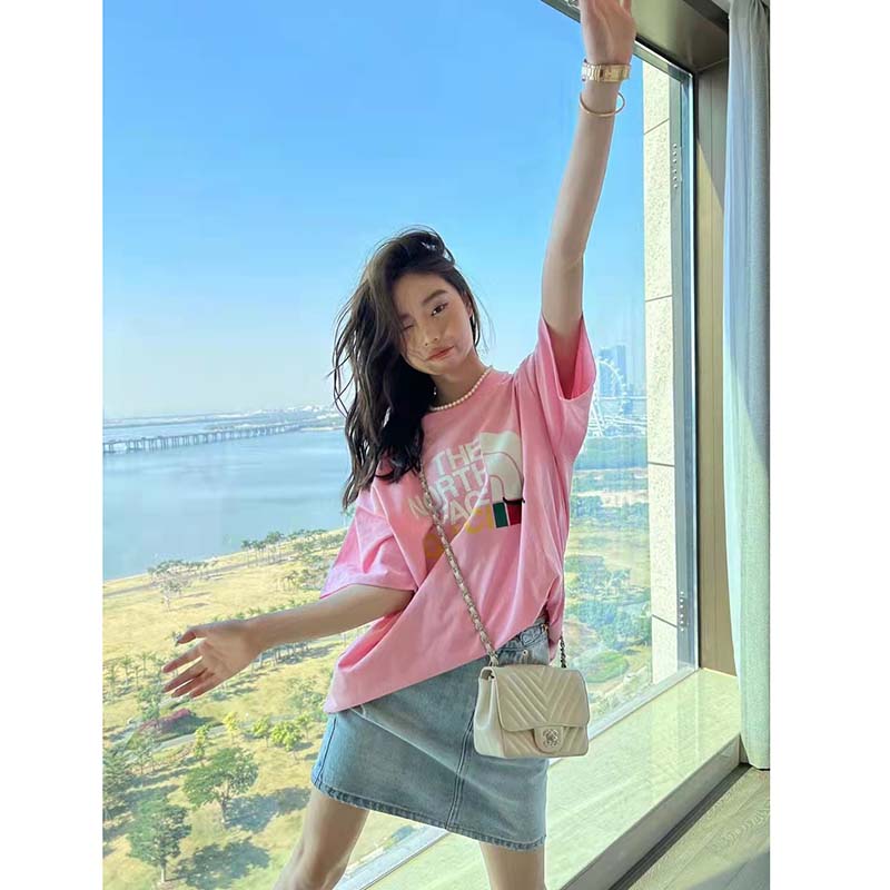 Gucci Women The North Face x Gucci T-Shirt Pink Cotton Jersey Oversize Fit Crewneck