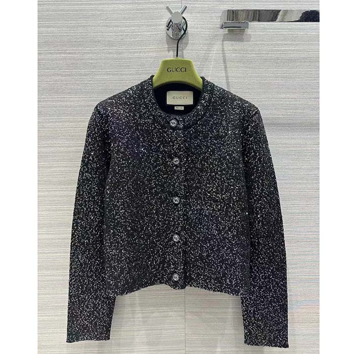 Gucci Women GG Viscose Knit Cardigan Blend Sequin Embroidery Silver Crewneck Long Sleeves