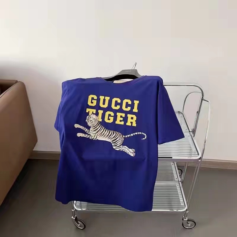 Gucci GG Men Gucci Tiger Cotton T-Shirt Blue Cotton Jersey Crewneck