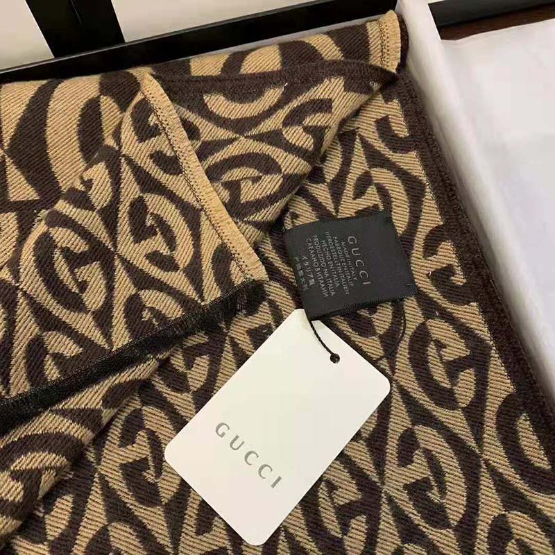 Gucci Unisex G Rhombus Jacquard Scarf in Wool and Cotton-Brown