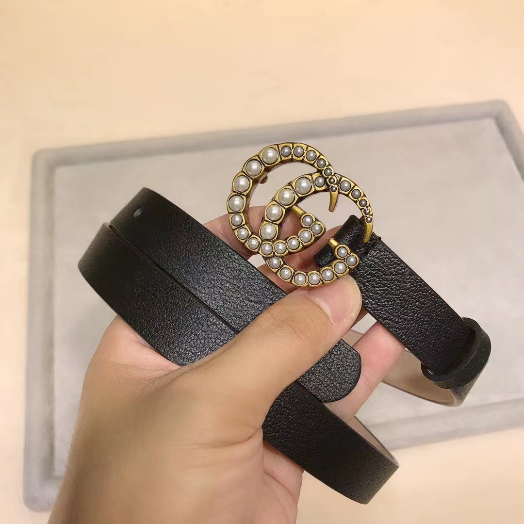 Gucci Unisex GG Leather Belt Pearl Double G Buckle Black 2 CM Width