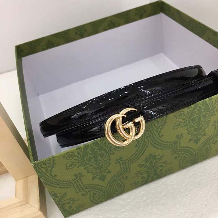 Gucci Unisex GG Thin Patent Double G Belt Black Leather 1.3 CM Width