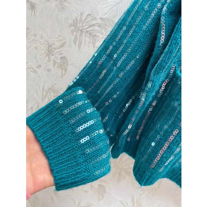 Gucci Women GG Mohair Silk Cardigan Teal Blend Sequin Embroidery Crewneck Long Sleeves