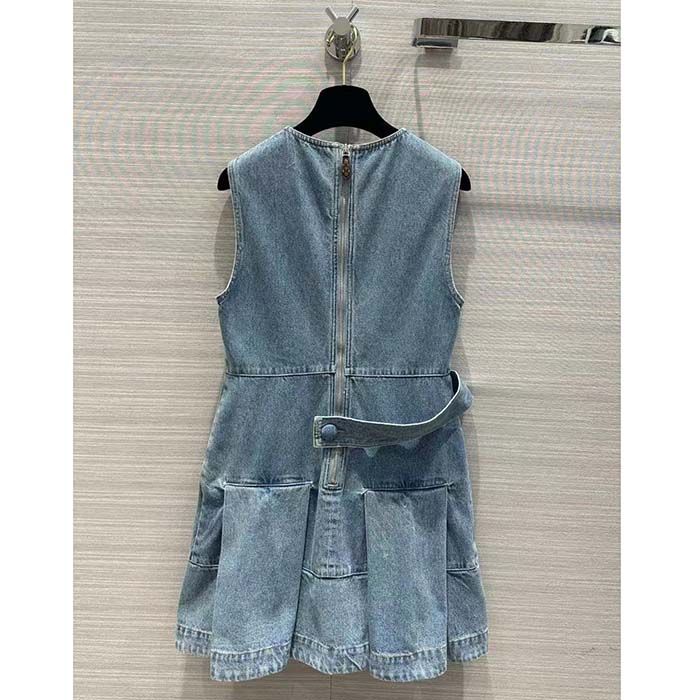 Louis Vuitton Women LV Denim Button Tab Pleat Dress Cotton Blue 1AFLXY