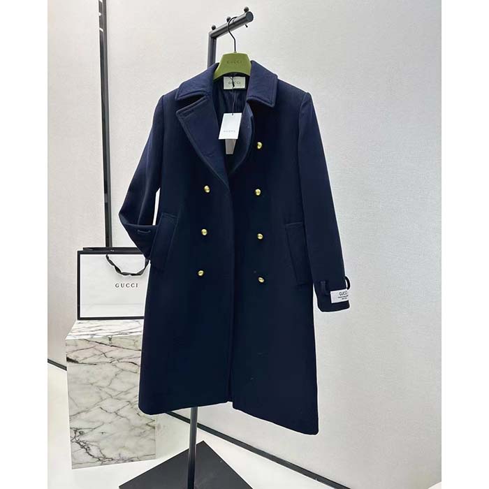 Gucci Women GG Felt Wool Coat Dark Navy Metal Buttons Gucci Cities Label Fully Lined