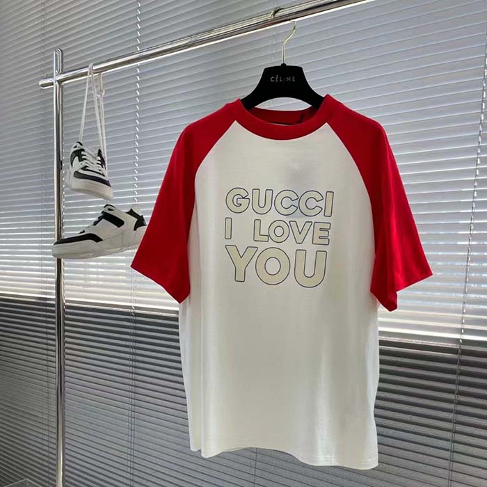 Gucci Women GG Cotton Jersey T-Shirt Red Off White Medium Crewneck Raglan Sleeves