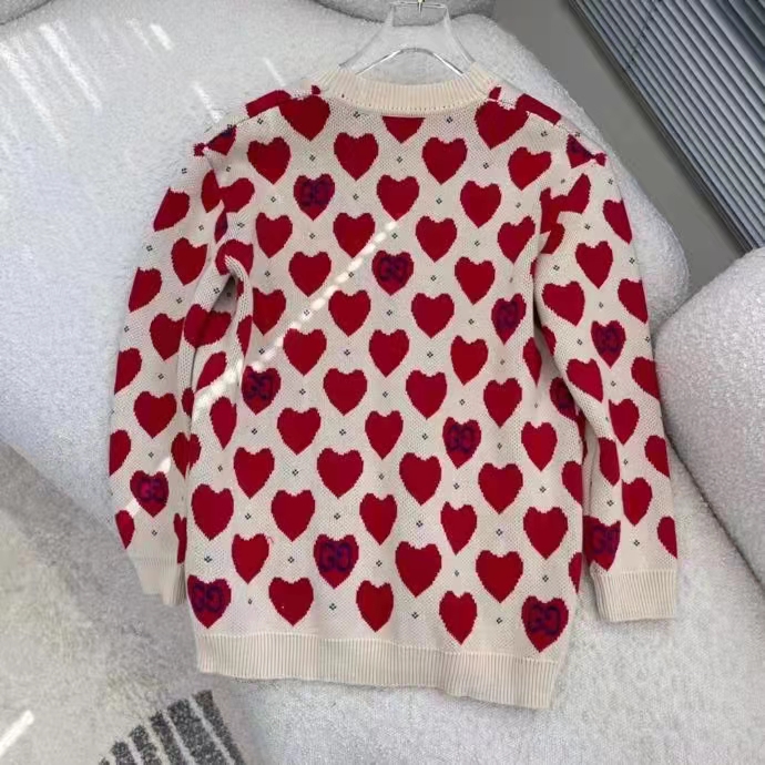 Gucci Women’s Les Pommes Cotton Heart Sweater White Hearts Knit Cotton Jacquard V-Neck