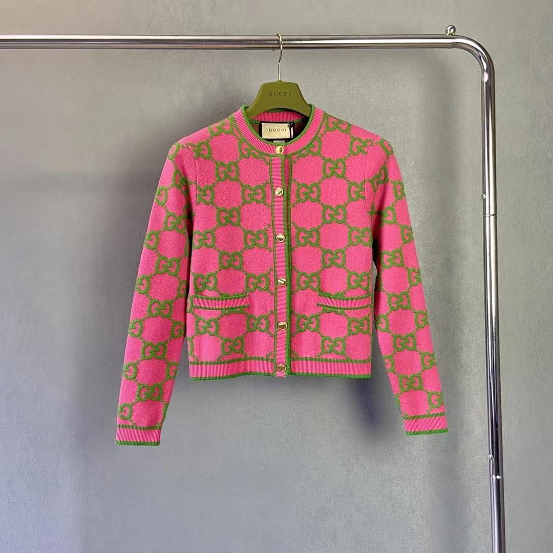 Gucci Women Cotton Silk Blend Cardigan Fuchsia Green Jacquard Crewneck Long Sleeves