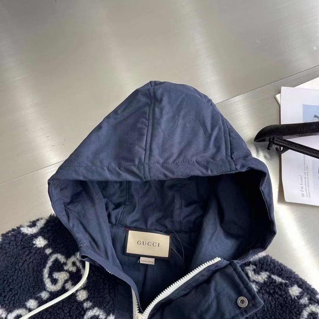 Gucci Women GG Fuzzy Fabric Jacquard Jacket Fixed Hood Drawstring Long Sleeves Front Patch Pocket