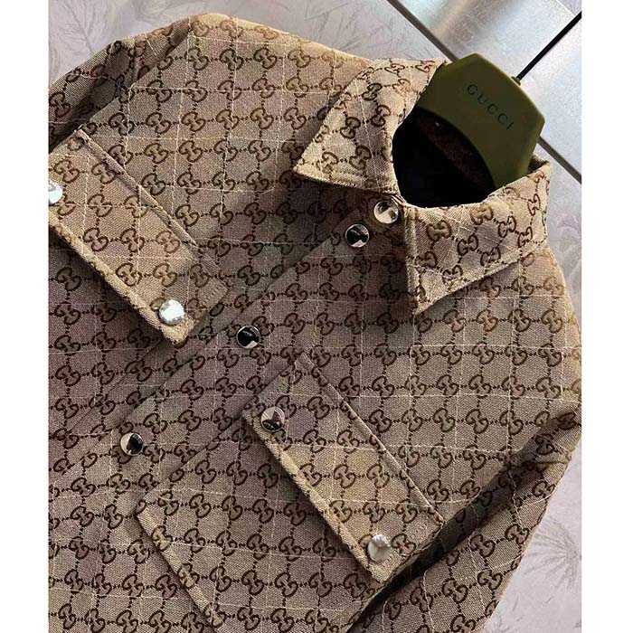 Gucci Women GG Canvas Shirt Point Collar Dropped Shoulder Long Sleeves