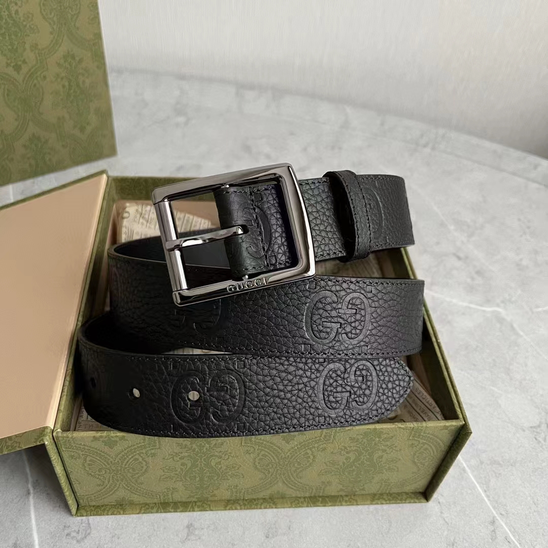 Gucci GG Unisex Rubber-Effect Leather Belt Black Square Buckle 3.3 CM Width