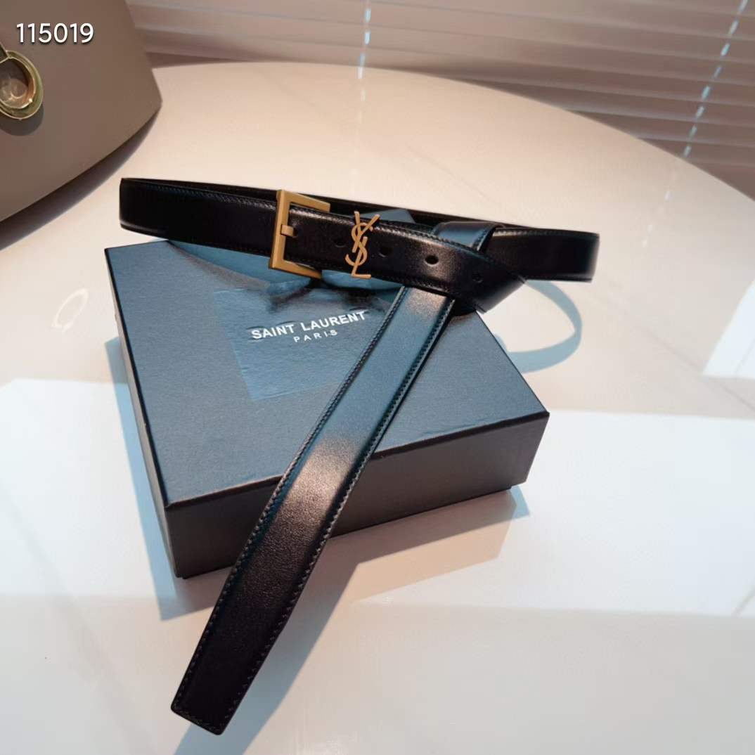 Saint Laurent YSL Women Cassandre Thin Belt Vegetable-Tanned Leather Black