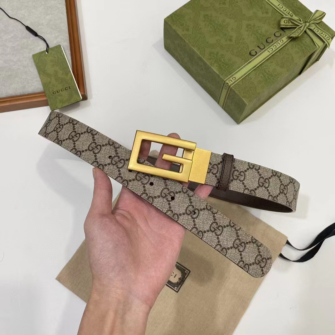 Gucci GG Unisex Reversible Belt Square G Buckle Beige Ebony GG Supreme Canvas