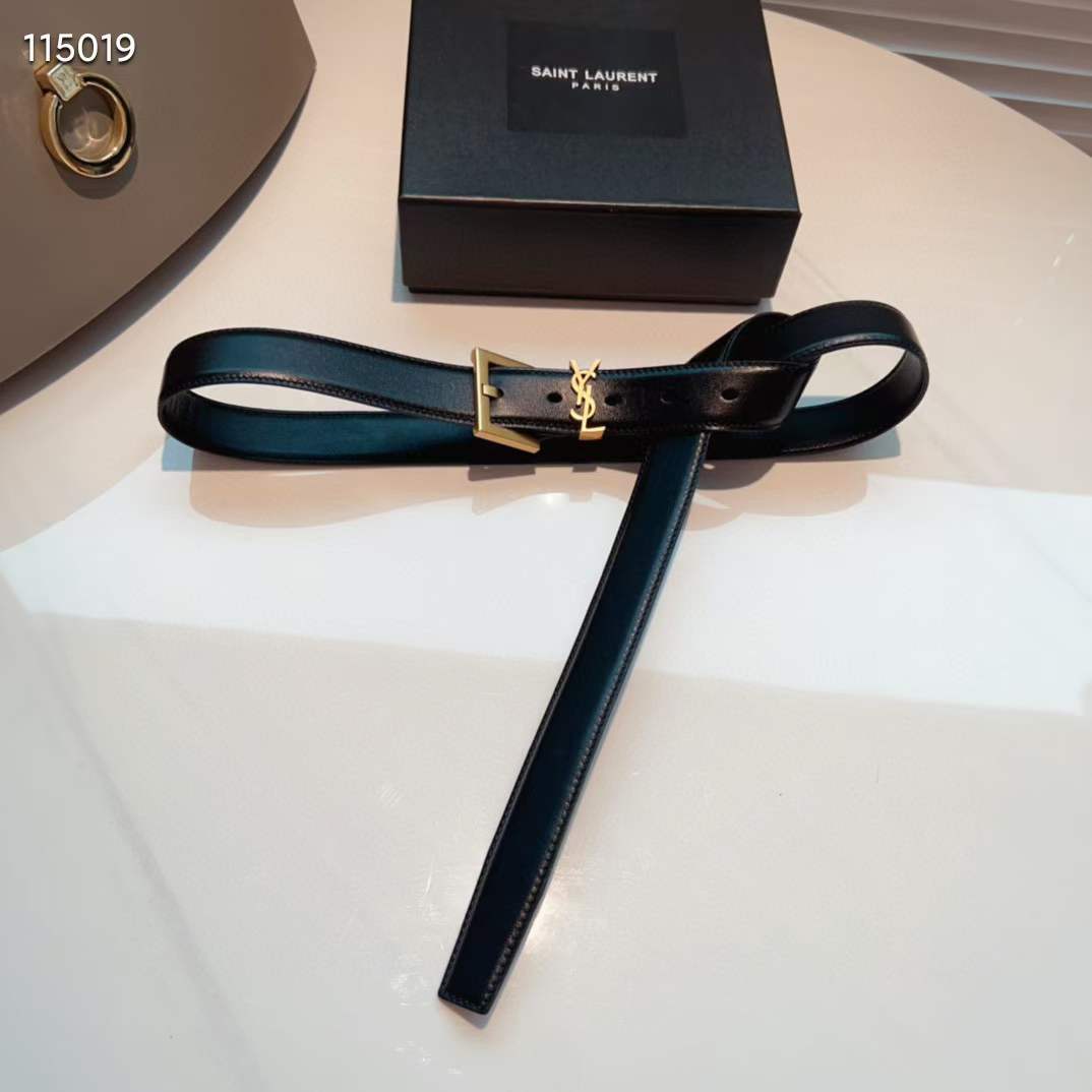 Saint Laurent YSL Women Cassandre Thin Belt Vegetable-Tanned Leather Black
