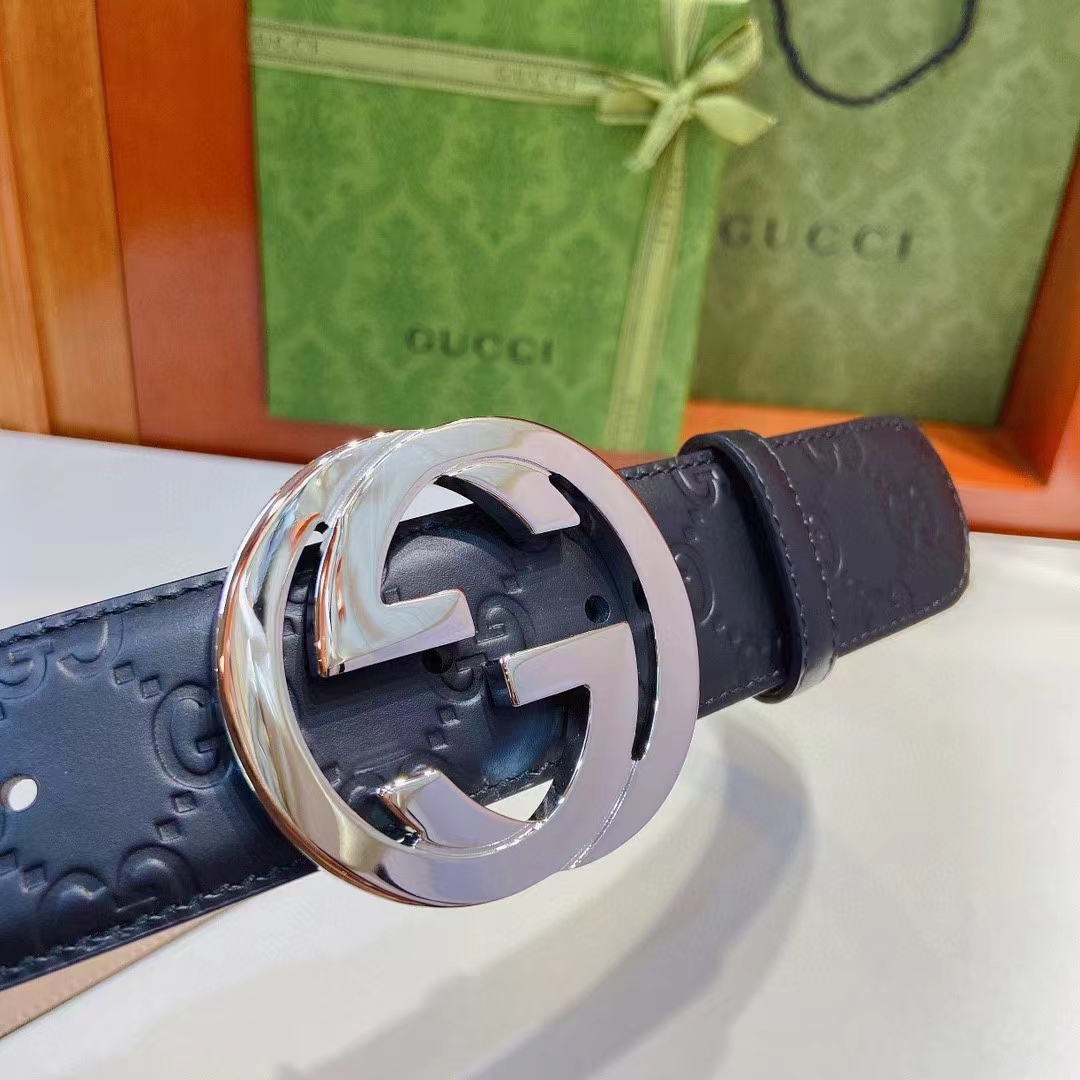 Gucci GG Unisex Signature Leather Belt Black Interlocking G Buckle 3.8 CM Width