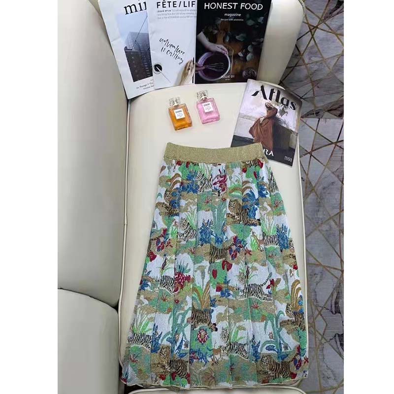 Gucci Women GG Tiger Jacquard Pleated Skirt Gold Green Tiger Flower Extra Fine Lurex