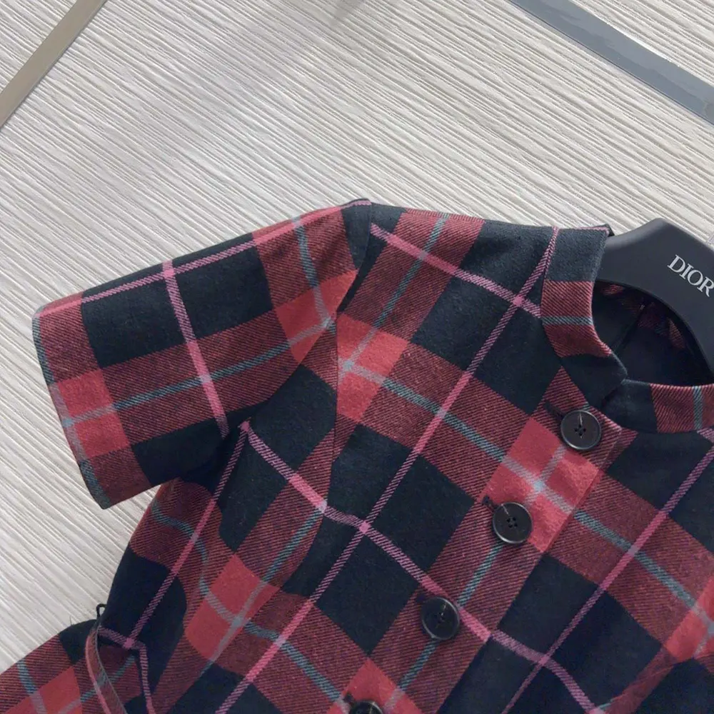 Dior Women Short Belted Dress Pink Gray and White Check’n’Dior Virgin Wool