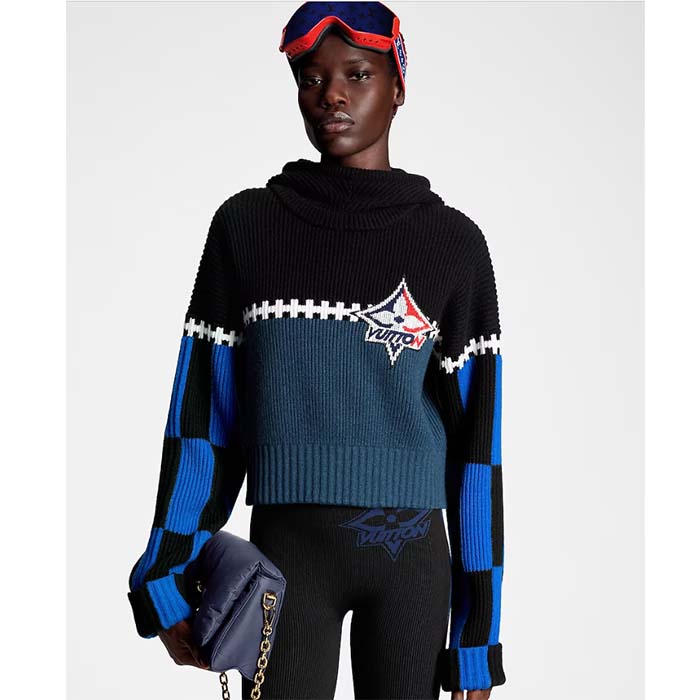 Louis Vuitton Women LV SKI Graphic Hooded Pullover Snowflake Motif Cashmere Black Blue