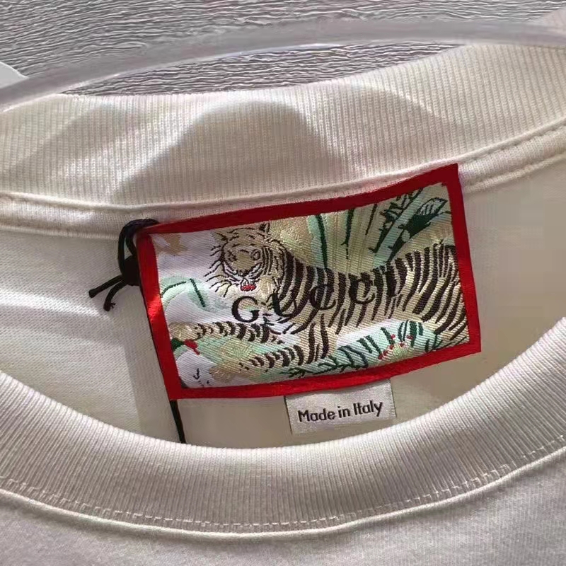 Gucci Women GG Tiger Cotton T-Shirt White Jersey Tiger Head Crewneck