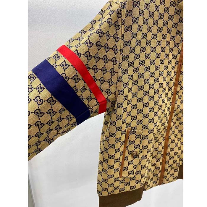 Gucci Women GG Cotton Canvas Zip Jacket Beige Blue Leather Lined Stand Collar Buttons