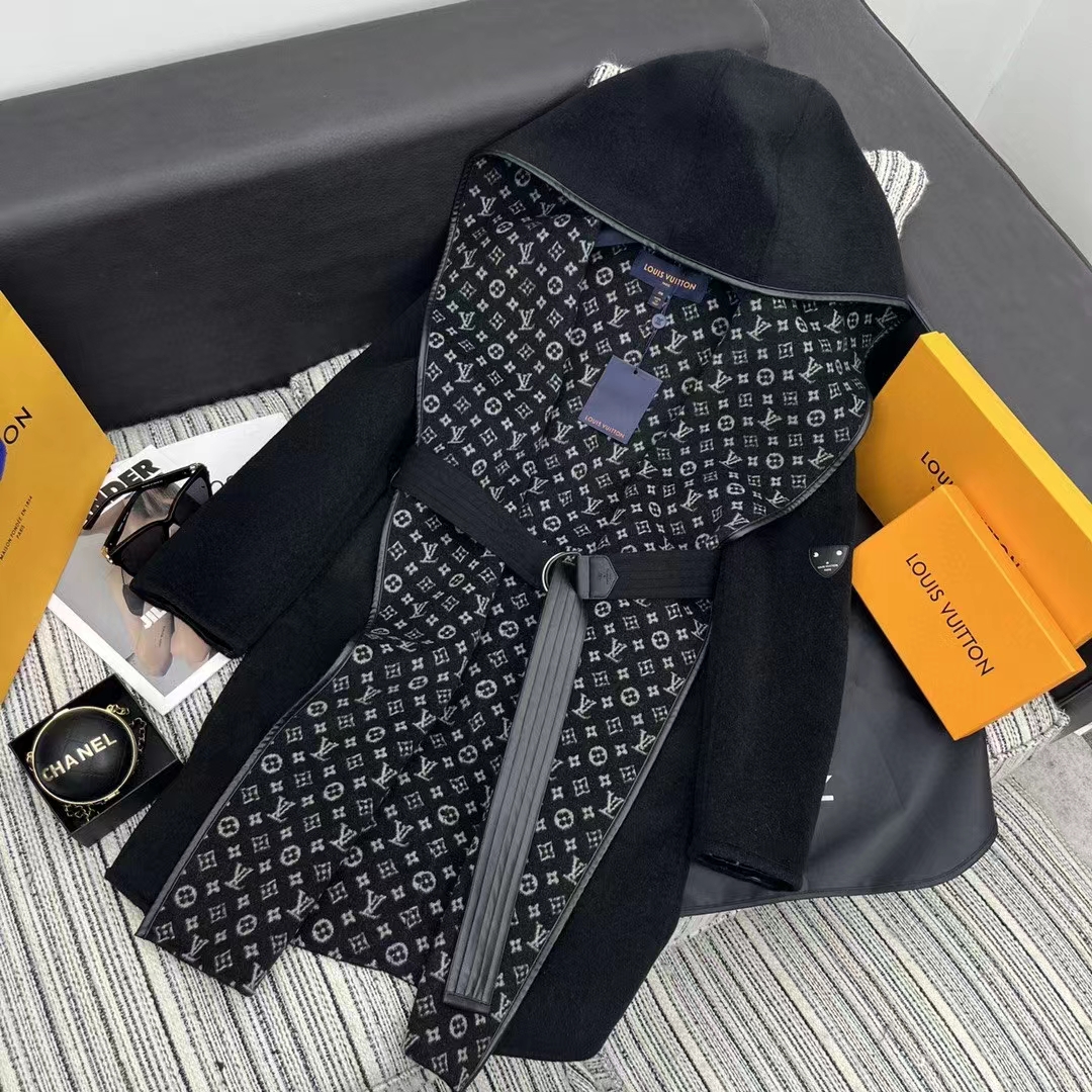 Louis Vuitton LV Women Hooded Wrap Coat Wool Silk Black White Regular Fit