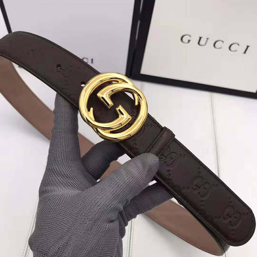 Gucci Unisex Gucci Signature Leather Belt with Interlocking G Buckle-Brown