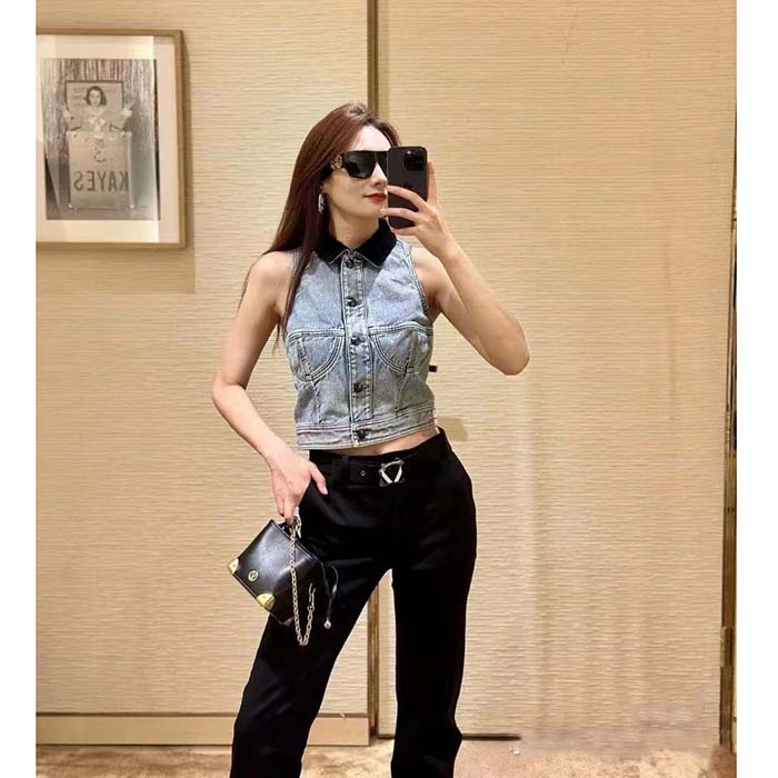 Louis Vuitton Women LV Sleeveless Velvet Accent Denim Jacket Cotton Blue 1AFEQ8