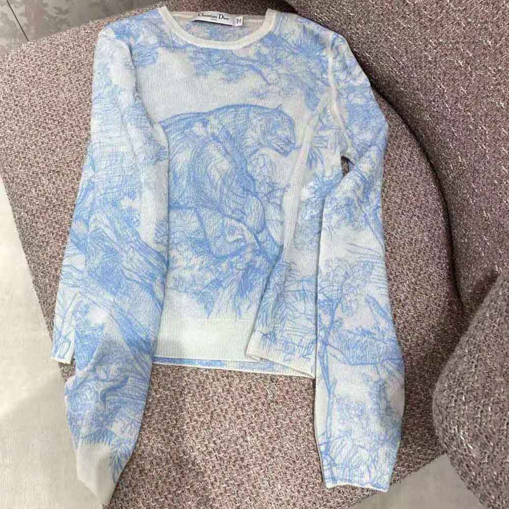 Dior Women Chez Moi Embroidered Sweater Cornflower Blue Technical Cashmere Knit