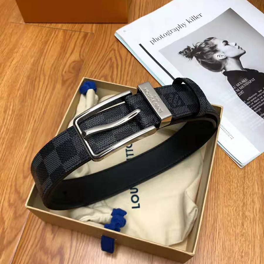Louis Vuitton LV Unisex LV Pont Neuf 35mm Belt in Damier Canvas-Grey