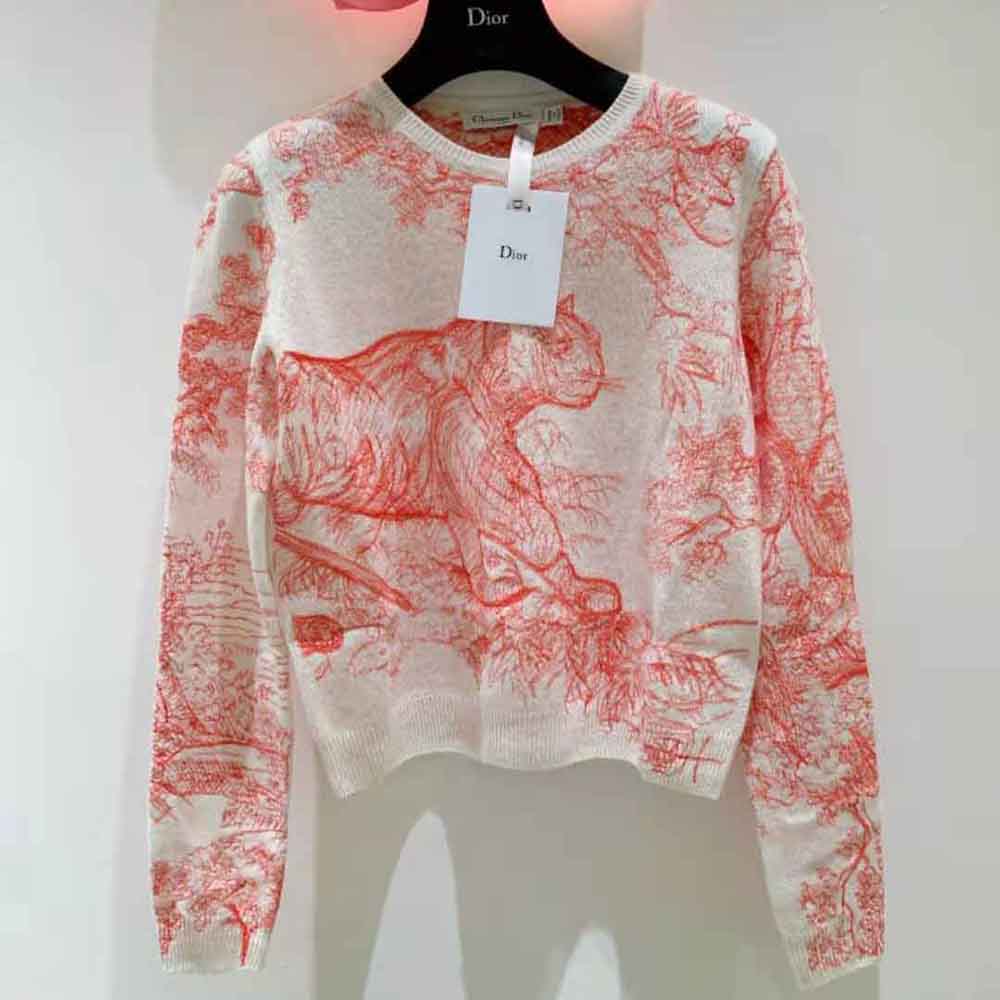 Dior Women Chez Moi Embroidered Sweater Peony Pink Technical Cashmere Knit