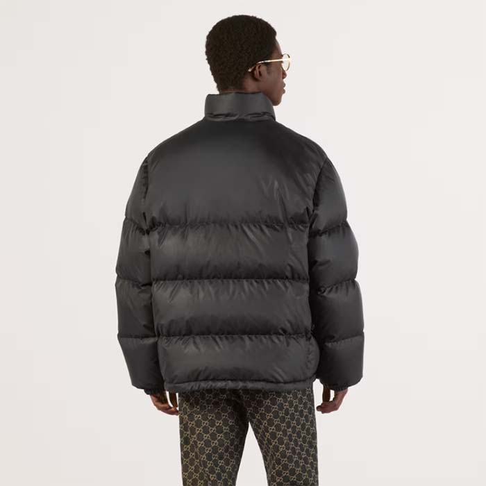 Gucci Men GG Water Repellant Down Jacket Black Water Nylon Satin Zip Front Zip Pockets