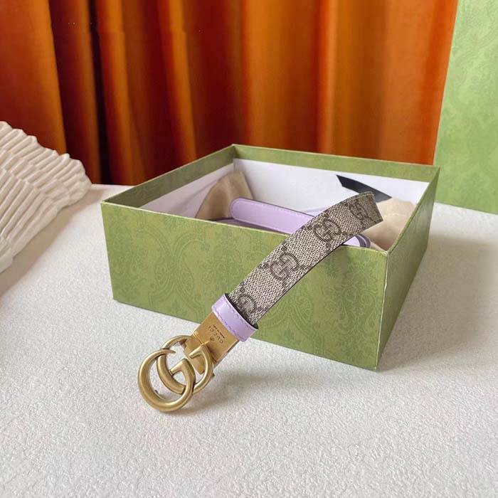 Gucci Unisex Marmont Reversible Thin Belt Beige Ebony GG Supreme Canvas Purple Leather