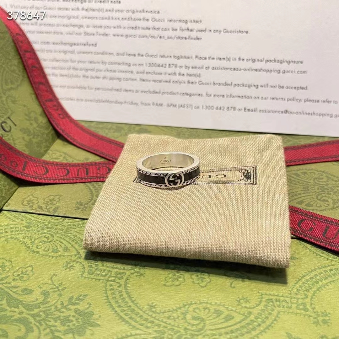 Gucci Unisex GG Ring Interlocking G 925 Sterling Silver Black Enamel Decorative Ridge