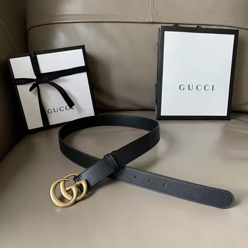 Gucci Unisex Slim Leather Belt Double G Buckle Black Leather 3 cm Width