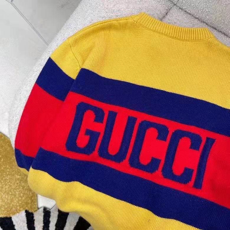 Gucci Men Gucci 100 Wool Sweater Yellow Wool Blue Red Web 100 Intarsia
