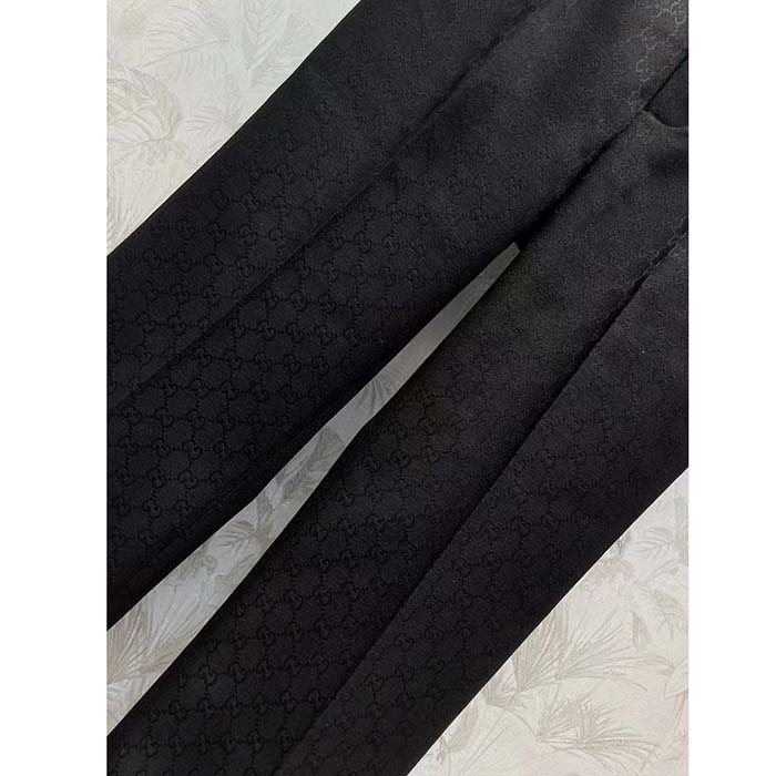 Gucci Women GG Wool Jacquard Pant Black Fitted Waistband Four Pleats Wide Leg