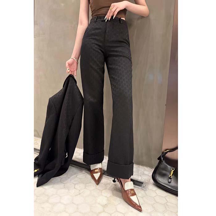 Gucci Women GG Wool Jacquard Pant Black Fitted Waistband Four Pleats Wide Leg