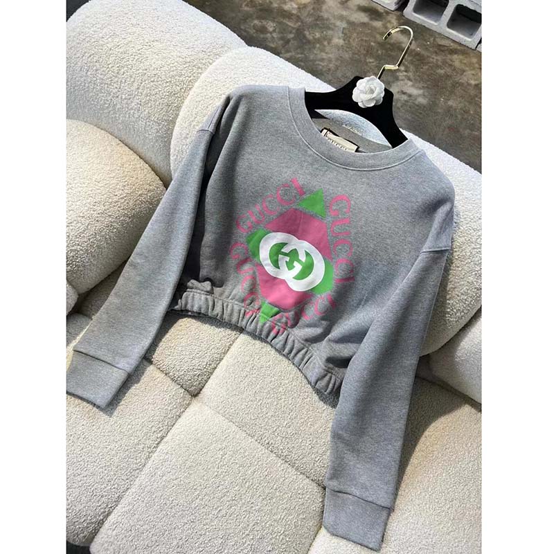 Gucci GG Women Cotton Jersey Sweatshirt Grey Heavy Felted Cotton Crewneck Long Sleeves