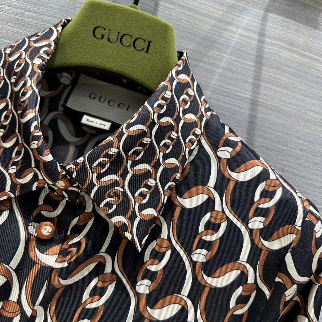 Gucci GG Women Interlocking G Chain Print Silk Shirt Point Collar Long Sleeves