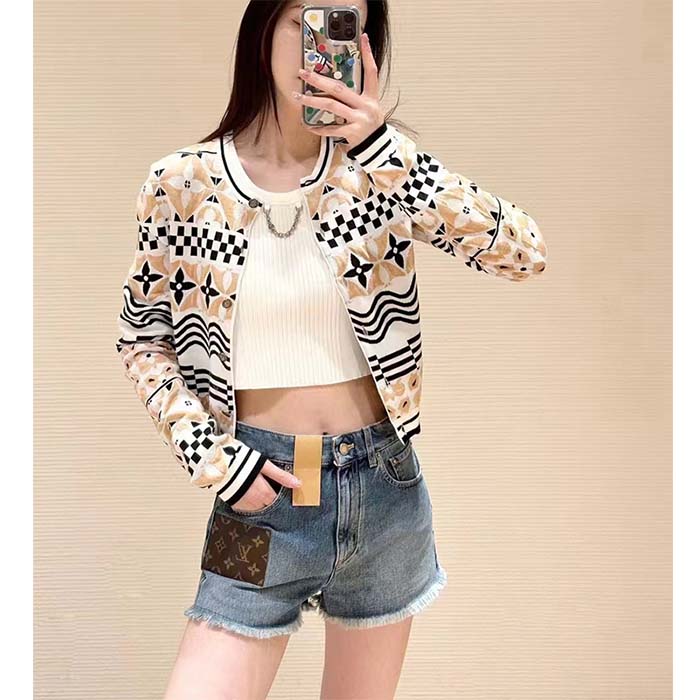Louis Vuitton Women LV Monogram Tile Jacquard Cropped Cardigan Champagne Beige Regular Fit