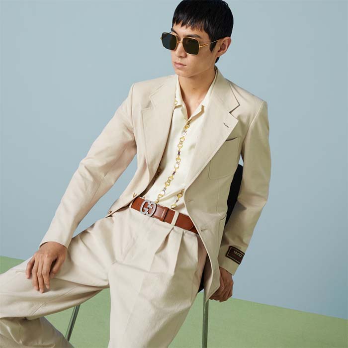 Gucci GG Unisex Buckle Wide Belt Brown Leather Double G 4 CM Width