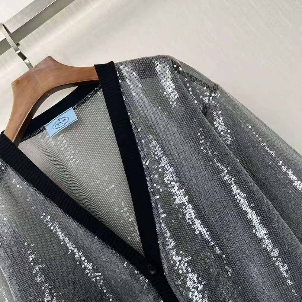 Prada Women Sequin-Embroidered Tulle Cardigan-Black
