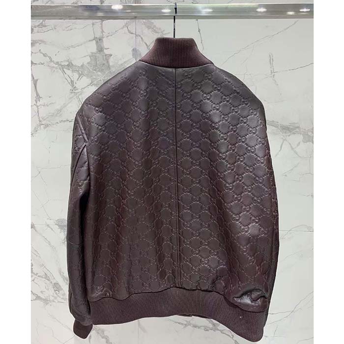 Gucci Women GG Leather Bomber Jacket Brown Lambskin Front Patch Pockets