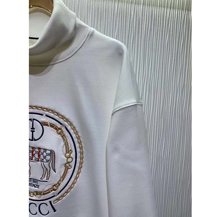 Gucci GG Women Jersey Sweatshirt Embroidery White Cotton Turtleneck Dropped Shoulder