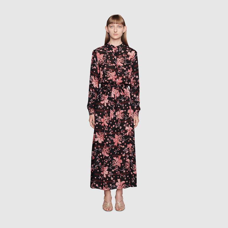 Gucci Women Floral Print Viscose Dress Black Viscose with Pink Floral Print